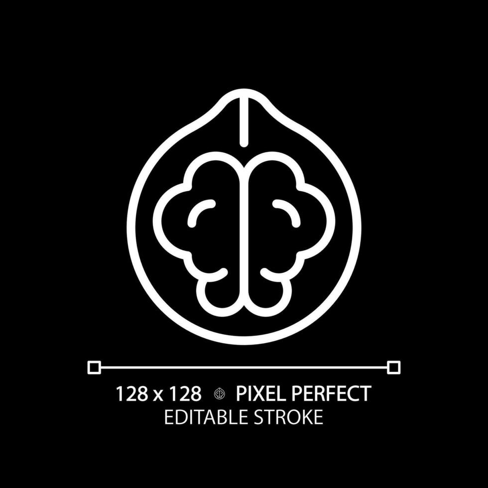 Nuts pixel perfect white linear icon for dark theme. Raw walnut. Vegan cuisine. Snack aisle. Culinary ingredient. Thin line illustration. Isolated symbol for night mode. Editable stroke vector