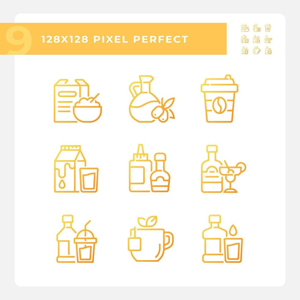 Grocery shopping pixel perfect gradient linear vector icons set. Food retail. Eats and beverages. Convenience store. Thin line contour symbol designs bundle. Isolated outline illustrations collection