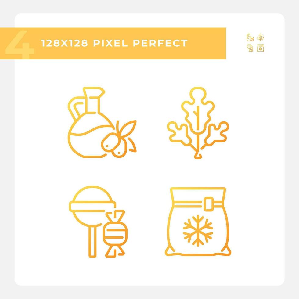 Retail assortment pixel perfect gradient linear vector icons set. Food variety. Online grocery. Supermarket shelf. Thin line contour symbol designs bundle. Isolated outline illustrations collection