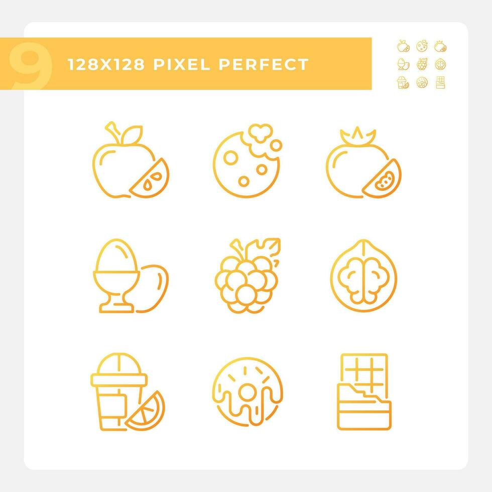 Food shopping pixel perfect gradient linear vector icons set. Meal planning. Retail store. Supermarket. Grocery list. Thin line contour symbol designs bundle. Isolated outline illustrations collection