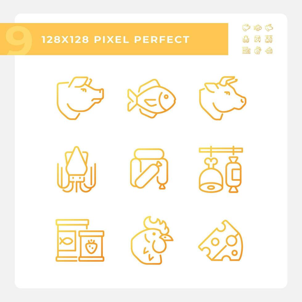 Grocery store pixel perfect gradient linear vector icons set. Food market. Retail business. Meat and poultry. Thin line contour symbol designs bundle. Isolated outline illustrations collection