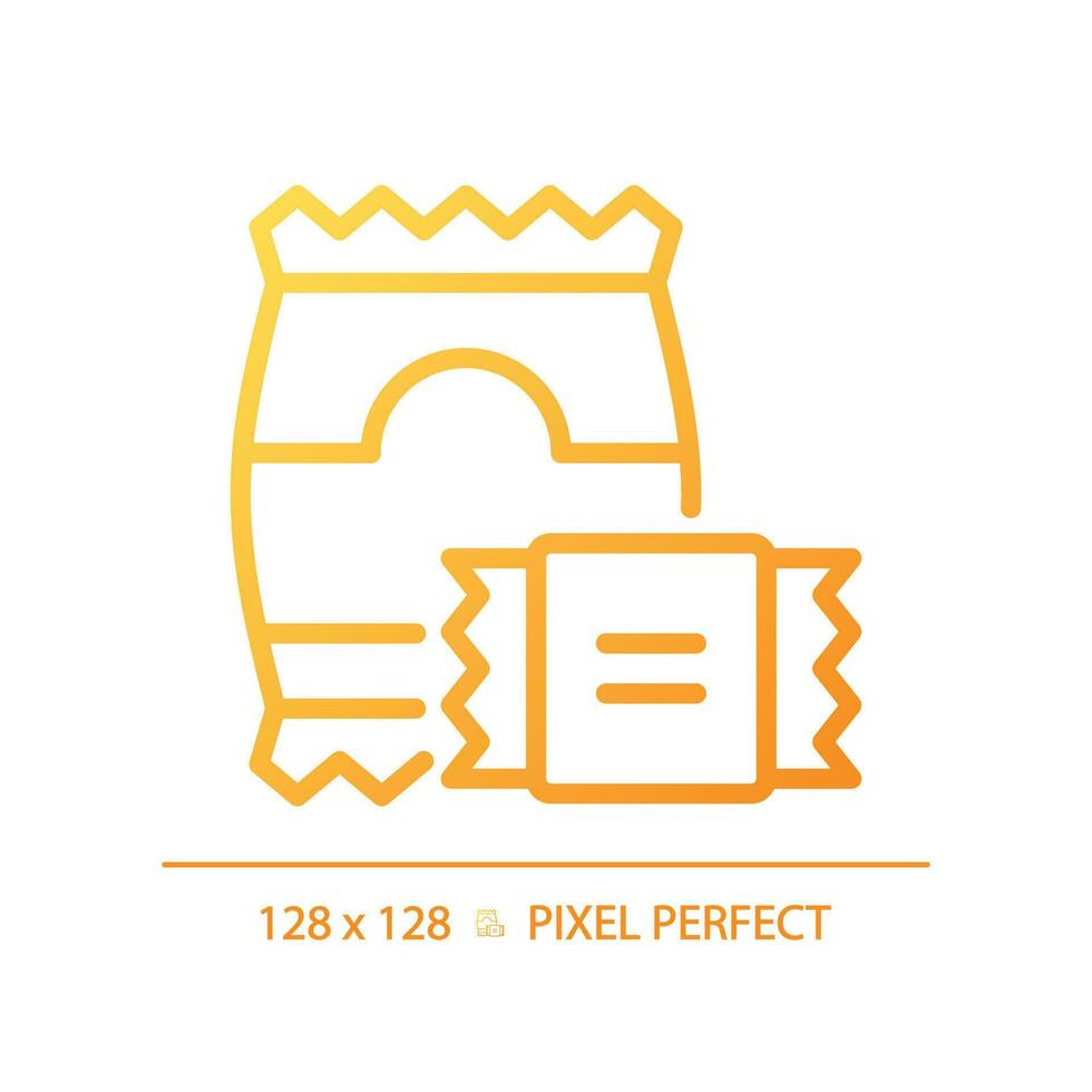 Snacks pixel perfect gradient linear vector icon. Junk food. Impulse purchase. Potato chips. Convenience store. Thin line color symbol. Modern style pictogram. Vector isolated outline drawing