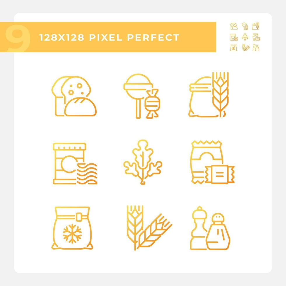 Supermarket products pixel perfect gradient linear vector icons set. Grocery store food. Shopping cart. Thin line contour symbol designs bundle. Isolated outline illustrations collection