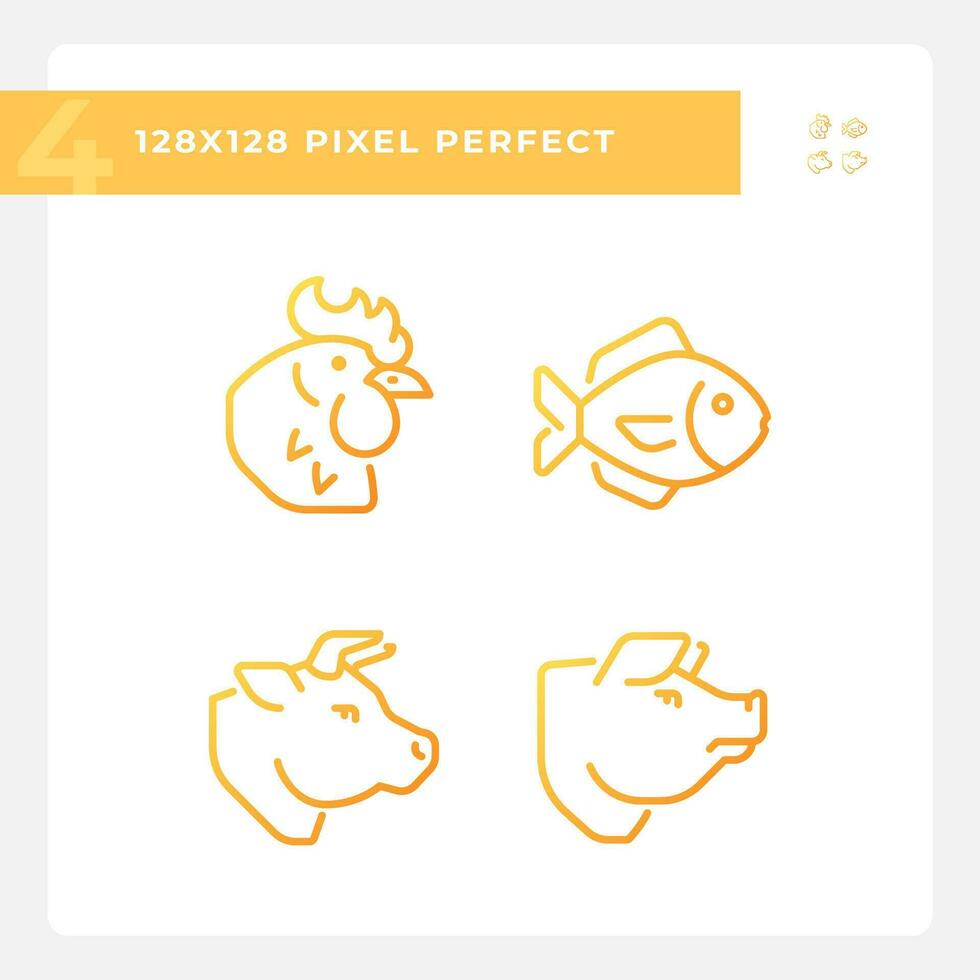 carne y pescado productos píxel Perfecto degradado lineal vector íconos colocar. proteína fuente. comida grupo. granja animales Delgado línea contorno símbolo diseños manojo. aislado contorno ilustraciones colección