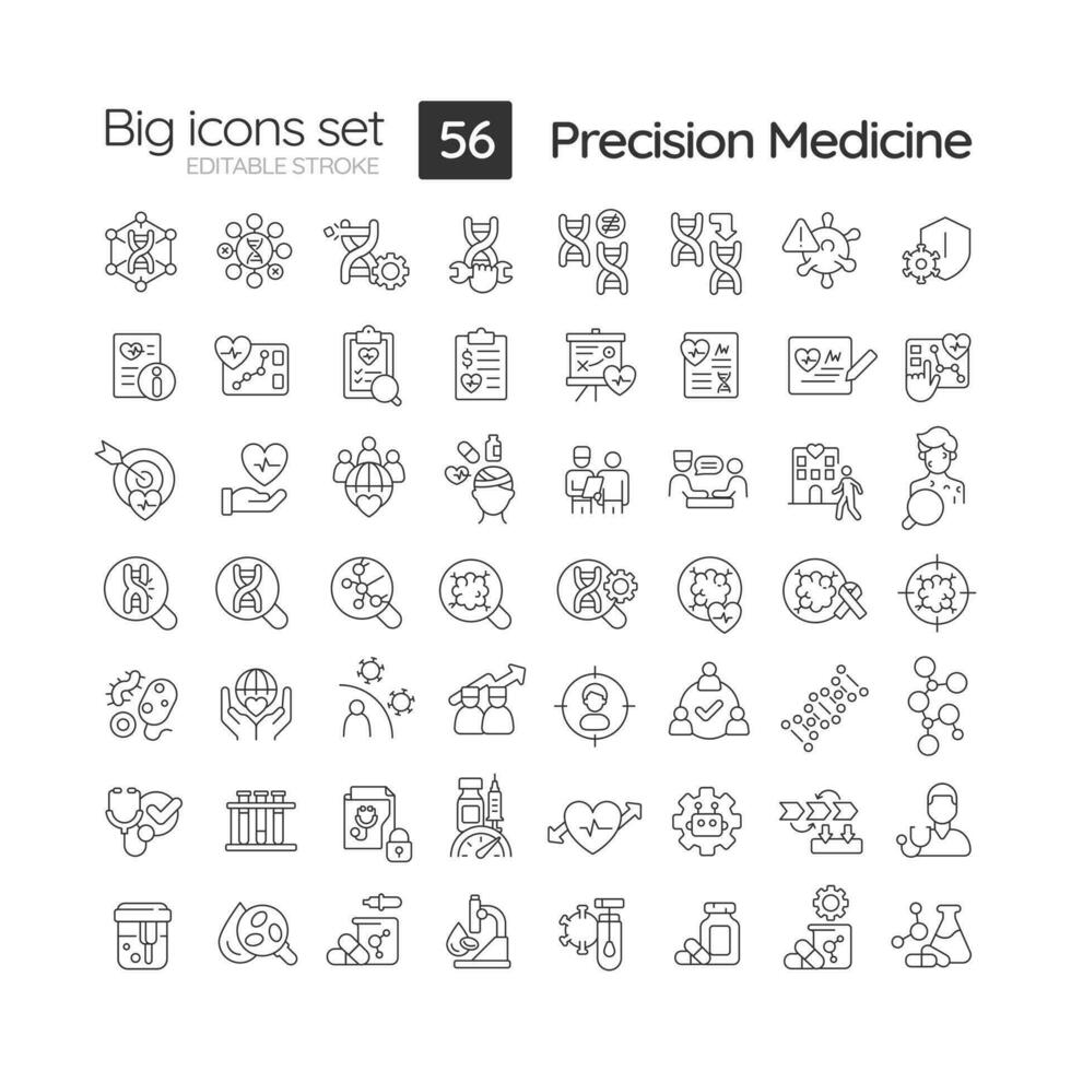 Precision medicine linear icons set. Studying genome to prevent disease. Innovative treatment technology. Customizable thin line symbols. Isolated vector outline illustrations. Editable stroke