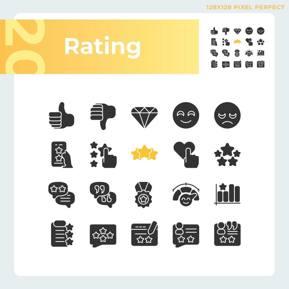 Rating pixel perfect black glyph icons set on white space. Service evaluation process. Customer experience sharing. Silhouette symbols. Solid pictogram pack. Vector isolated illustration