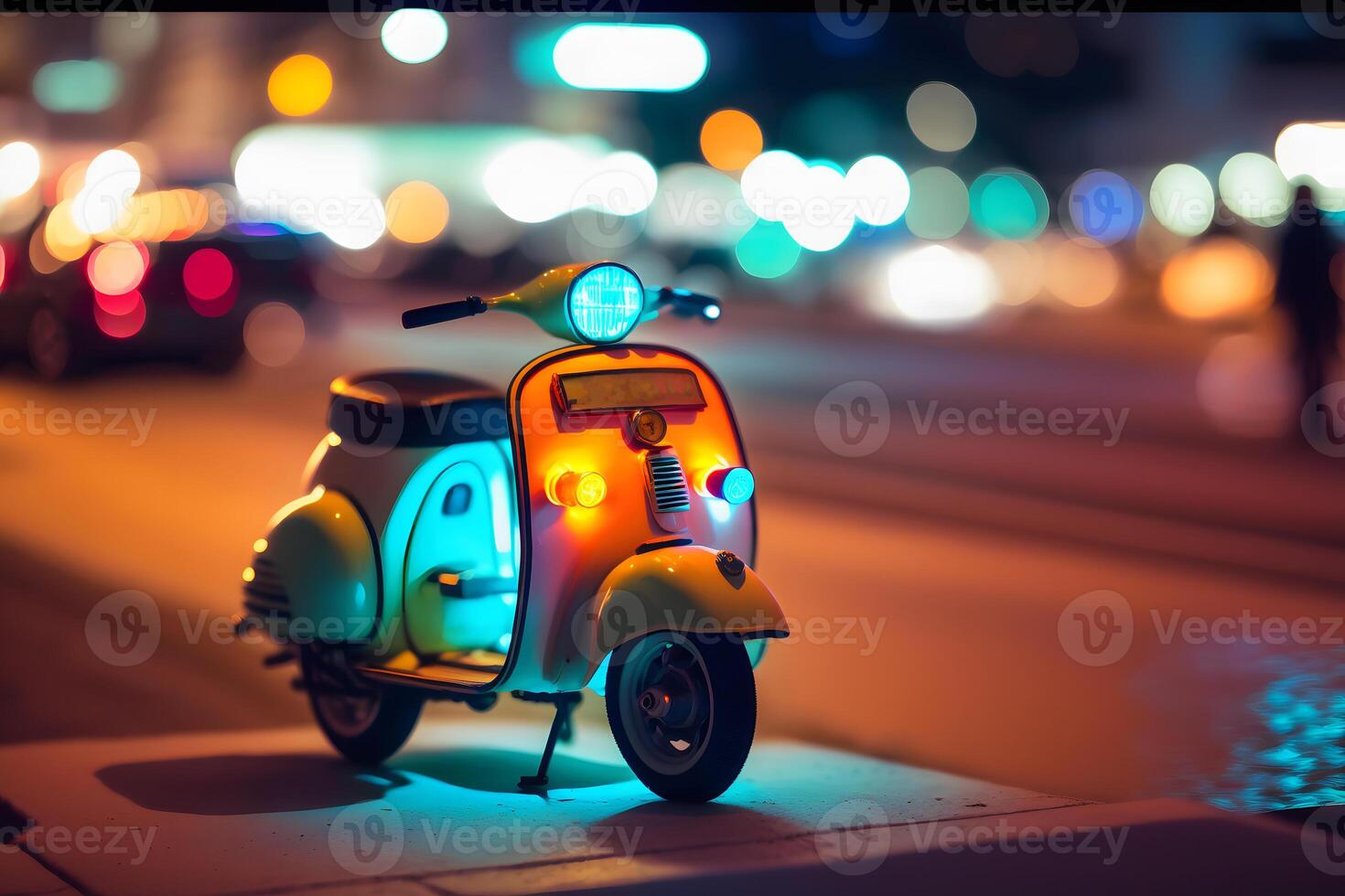 Scooter moped at ocean drive miami beach at night with neon lights from hotels. Neural network AI generated photo