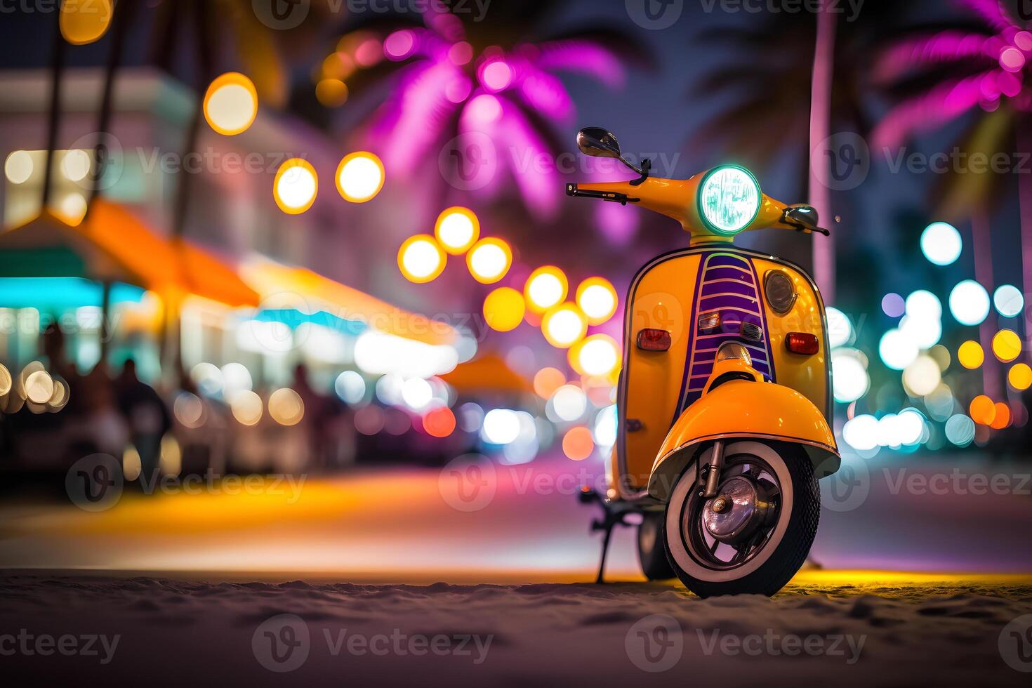 Scooter moped at ocean drive miami beach at night with neon lights from hotels. Neural network photo