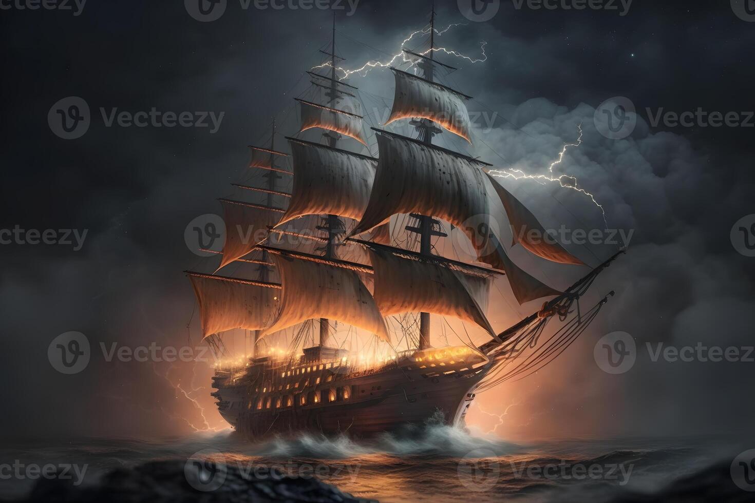 Sailing old ship in storm sea on the background clouds with lightning. Neural network photo