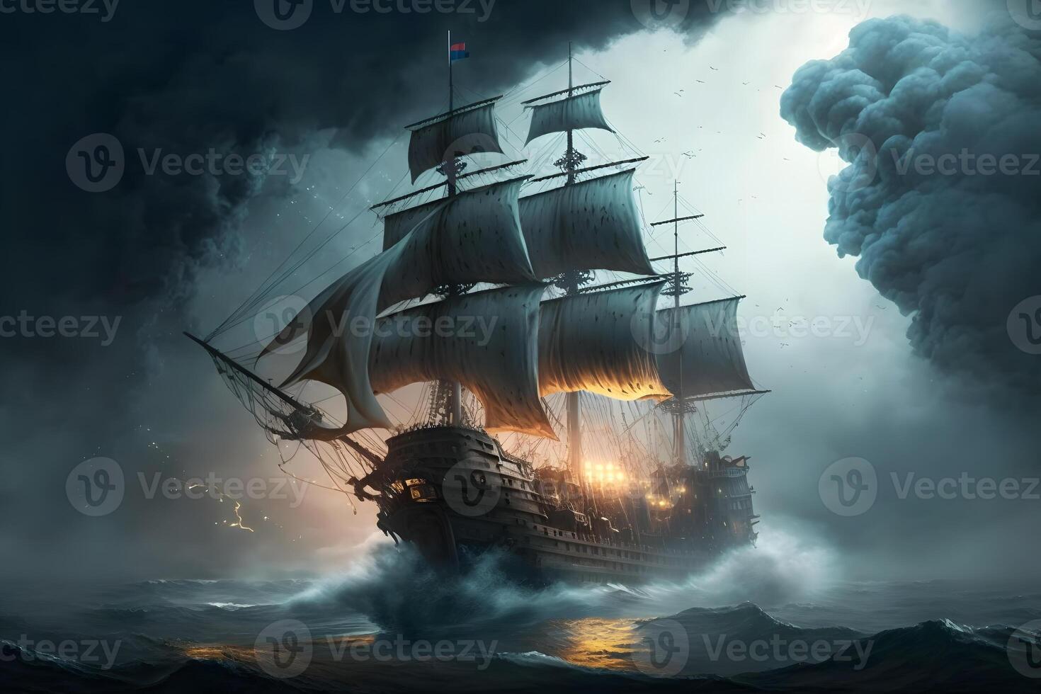 Sailing old ship in storm sea on the background clouds with lightning. Neural network photo