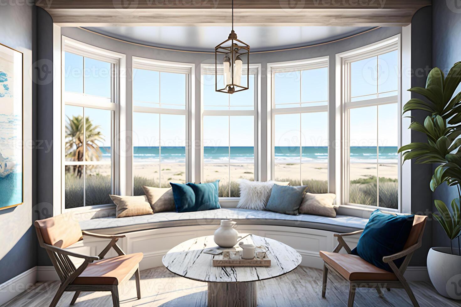 Beach living on Sea view interior with big windows. Neural network photo