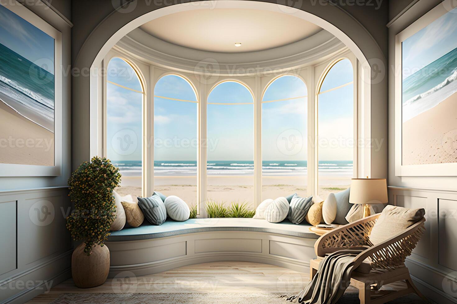 Beach living on Sea view interior with big windows. Neural network photo