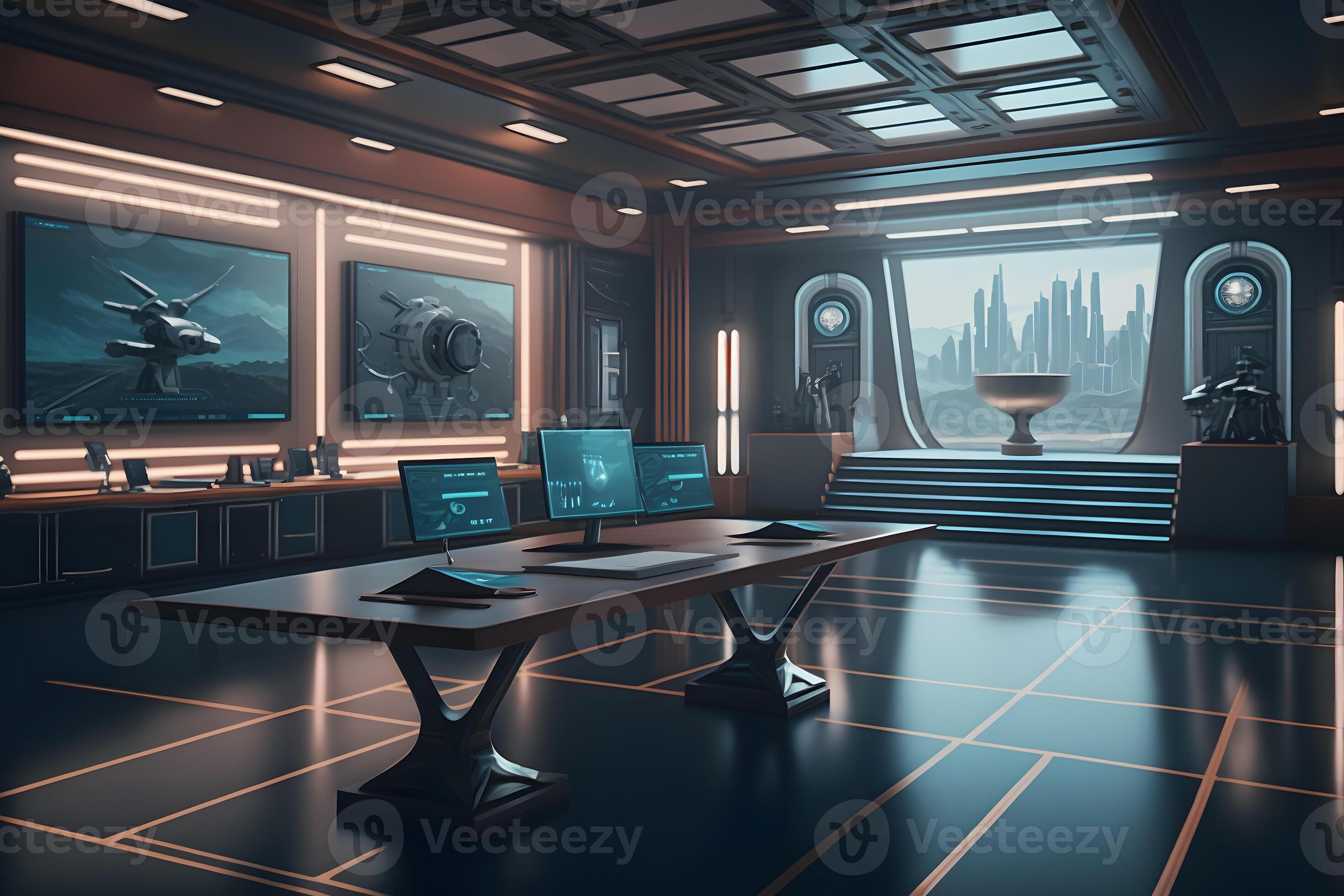 Futuristic meeting room interior, conference room, coworking. Modern Office. Neural network AI