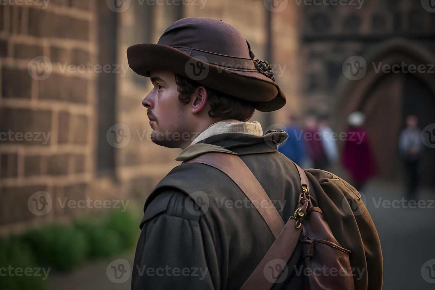 Medieval wanderer on the street of the old city. Neural network photo