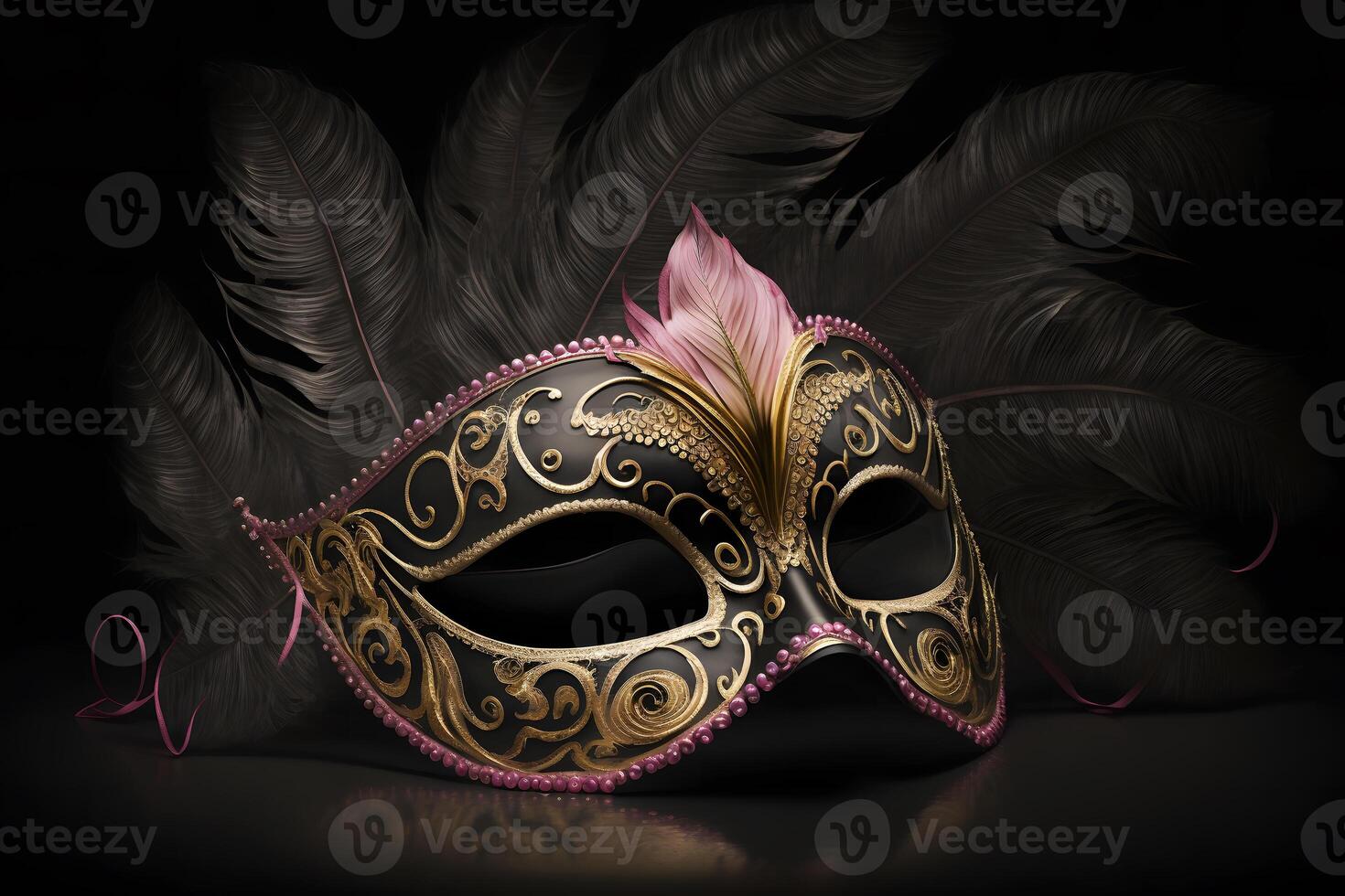 Carnival time. Venetian mask with feathers on black background, Neural network photo