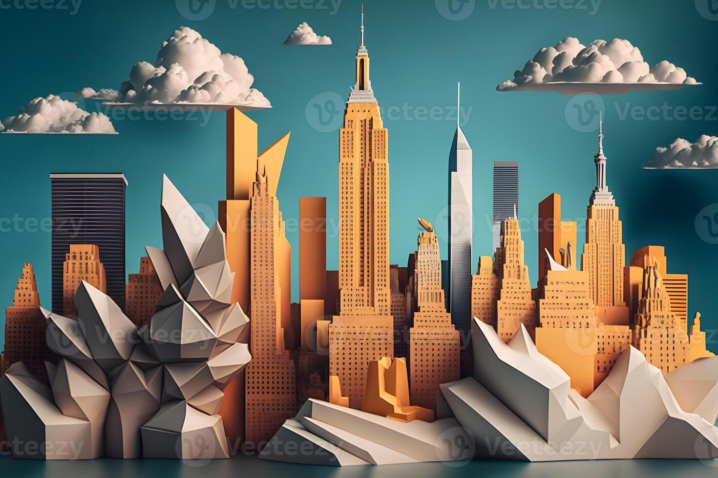 View of the city of New York from paper in the style of origami. Neural network photo