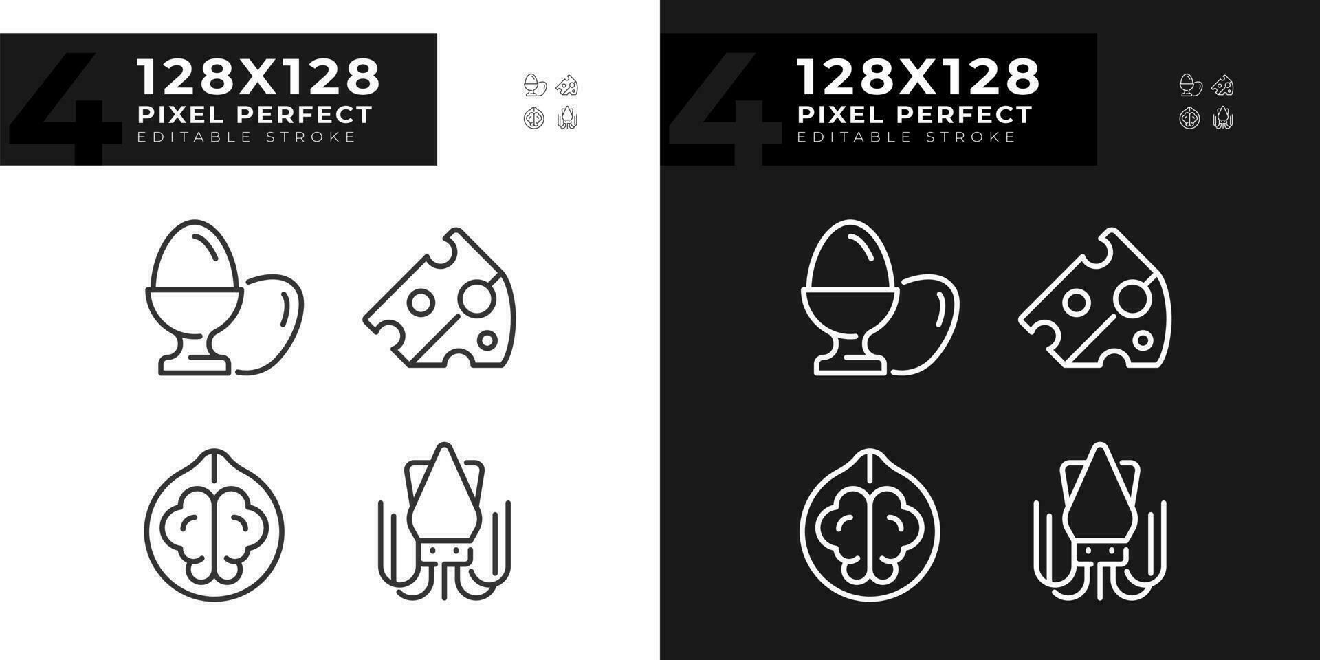 Healthy food pixel perfect linear icons set for dark, light mode. Balanced diet. Grocery items. Prep meals. Thin line symbols for night, day theme. Isolated illustrations. Editable stroke vector