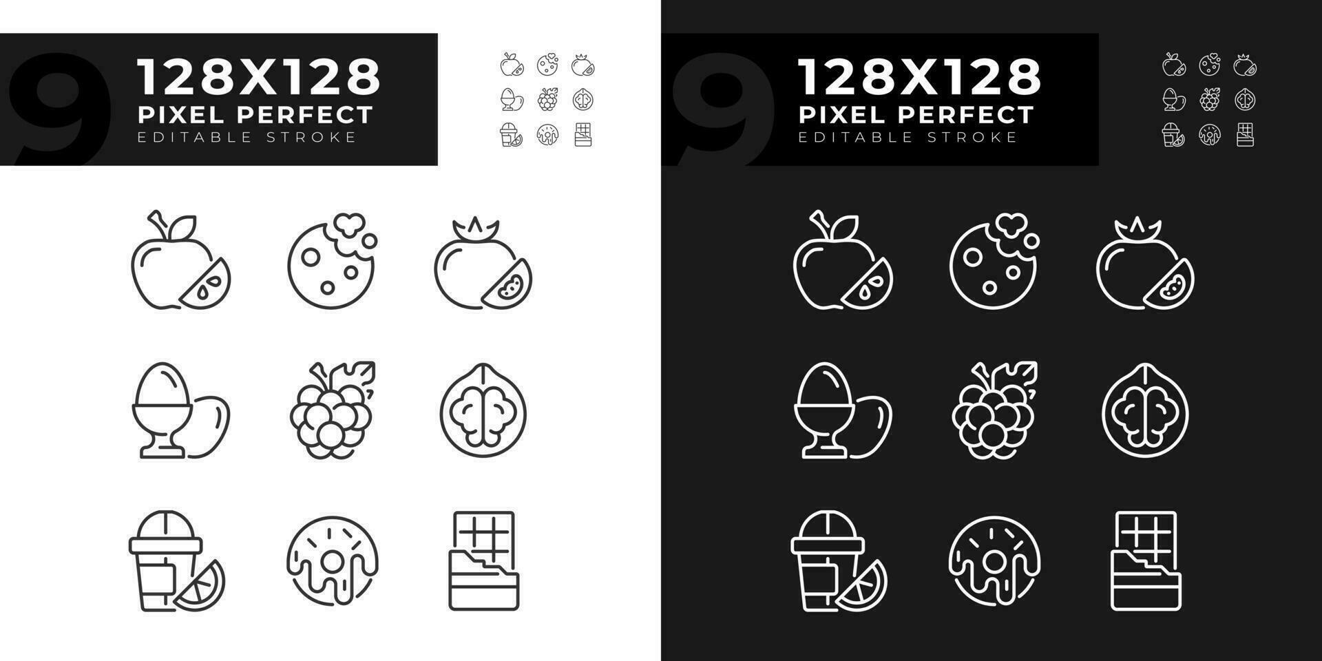Food shopping pixel perfect linear icons set for dark, light mode. Meal planning. Retail store. Supermarket. Thin line symbols for night, day theme. Isolated illustrations. Editable stroke vector