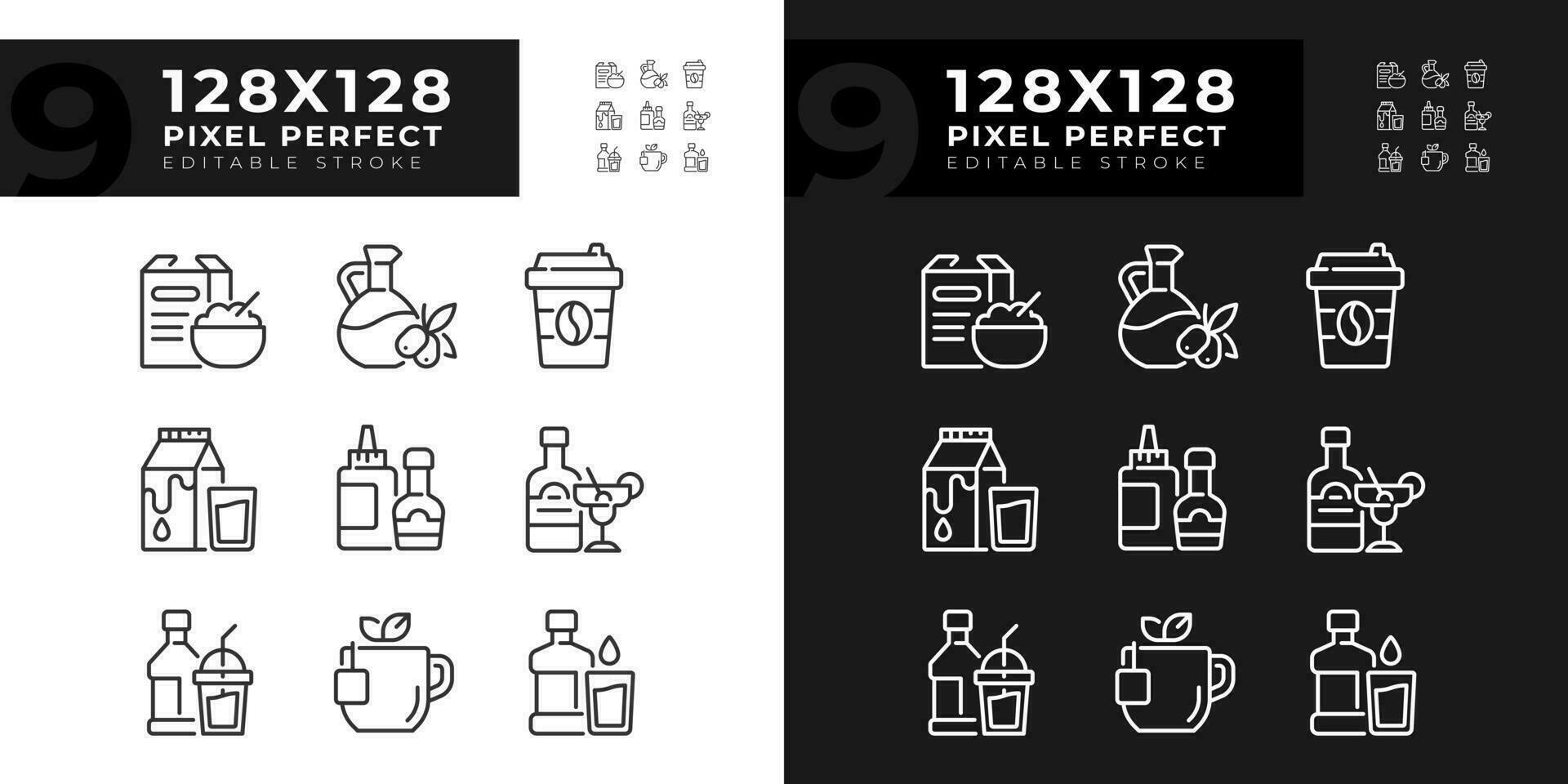 Grocery shopping pixel perfect linear icons set for dark, light mode. Food retail. Eats and beverages. Thin line symbols for night, day theme. Isolated illustrations. Editable stroke vector