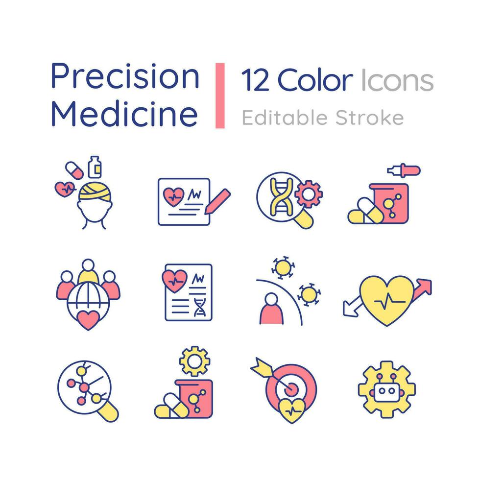 Precision medicine development RGB color icons set. Alternative methods of disease treatment. Illness prevention. Isolated vector illustrations. Simple filled line drawings collection. Editable stroke