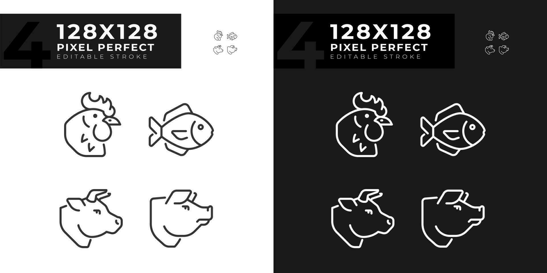 Meat and fish products pixel perfect linear icons set for dark, light mode. Protein source. Food group. Farm animals. Thin line symbols for night, day theme. Isolated illustrations. Editable stroke vector