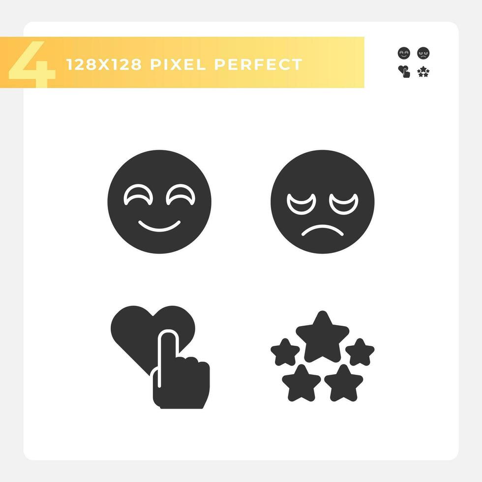 User feedback about service pixel perfect black glyph icons set on white space. Reactions and evaluation of business. Silhouette symbols. Solid pictogram pack. Vector isolated illustration