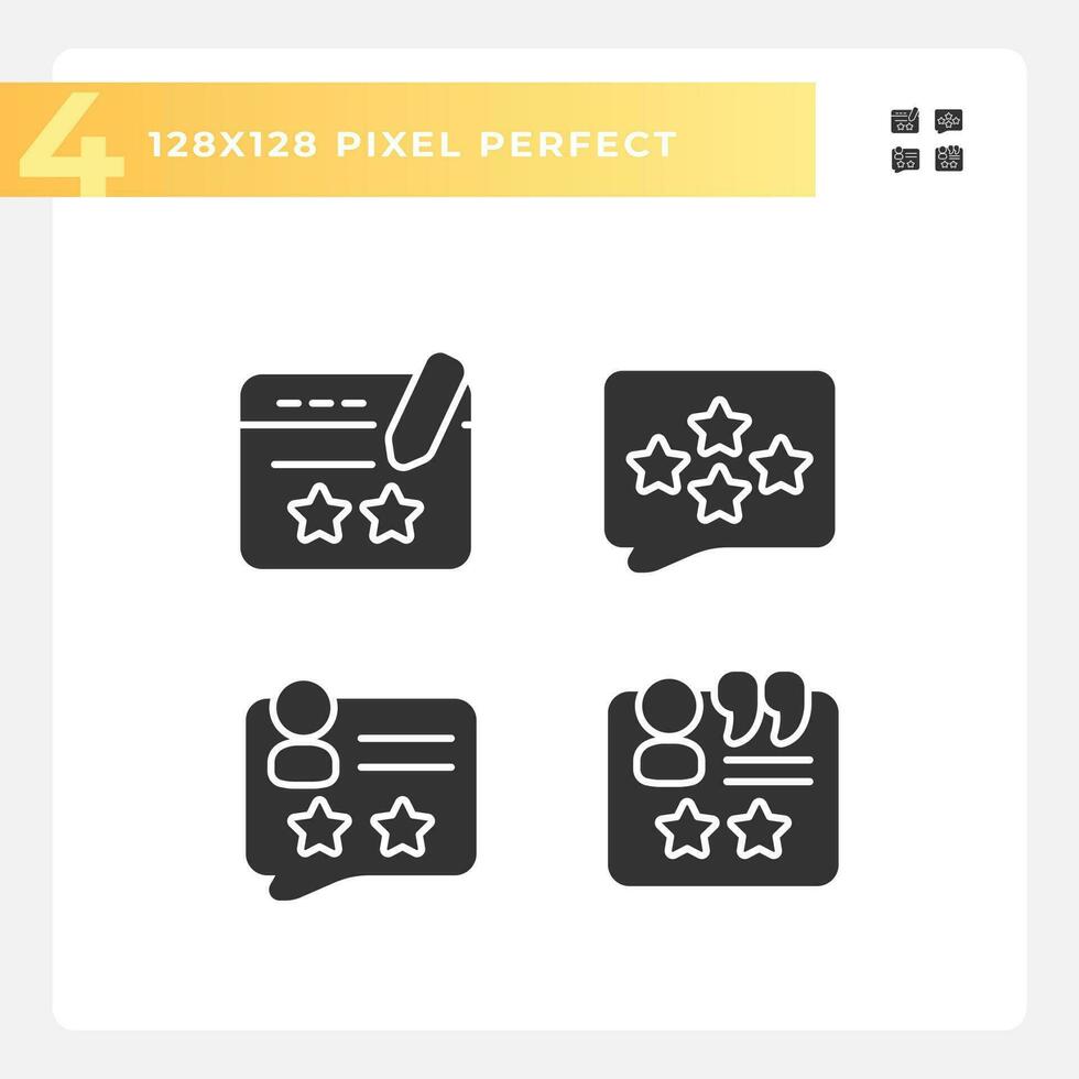 Leave comments with feedbacks pixel perfect black glyph icons set on white space. Write review on service on line. Silhouette symbols. Solid pictogram pack. Vector isolated illustration