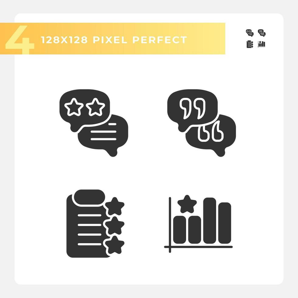 Business rating analysing pixel perfect black glyph icons set on white space. Studying users reaction. Service improvement. Silhouette symbols. Solid pictogram pack. Vector isolated illustration