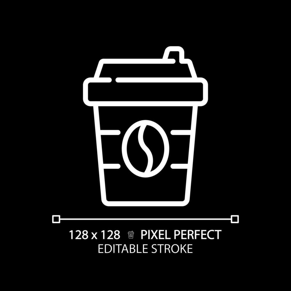 Coffee pixel perfect white linear icon for dark theme. Caffeinated drink. Take away. Paper cup. Hot beverage. Cafe menu. Thin line illustration. Isolated symbol for night mode. Editable stroke vector