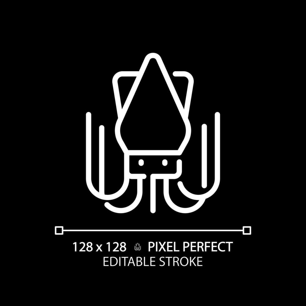 Seafood pixel perfect white linear icon for dark theme. Squid meat. Marine food. Fish market. Sea life. Gourmet meal. Thin line illustration. Isolated symbol for night mode. Editable stroke vector