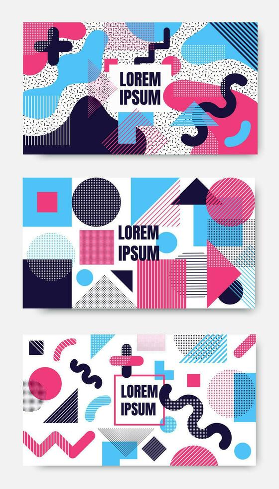 Geometric background with geometric shapes and curves, pattern with trendy Memphis fashion style 80s-90s template in colorful vibrant colors isolated on white background vector