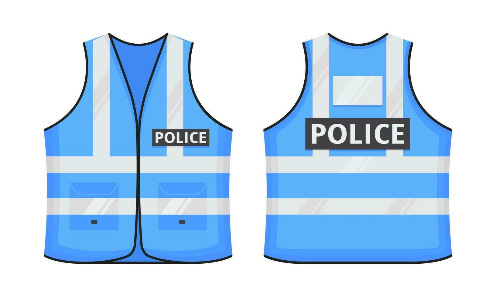 Safety reflective vest with label POLICE tag flat style design vector illustration set.