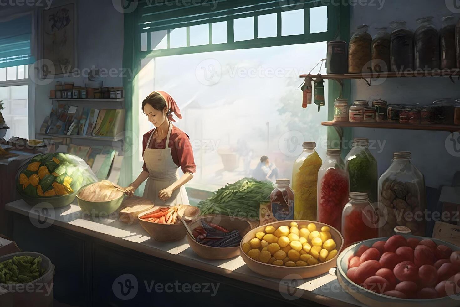 Beautiful Asian woman sells vegetables. Neural network photo