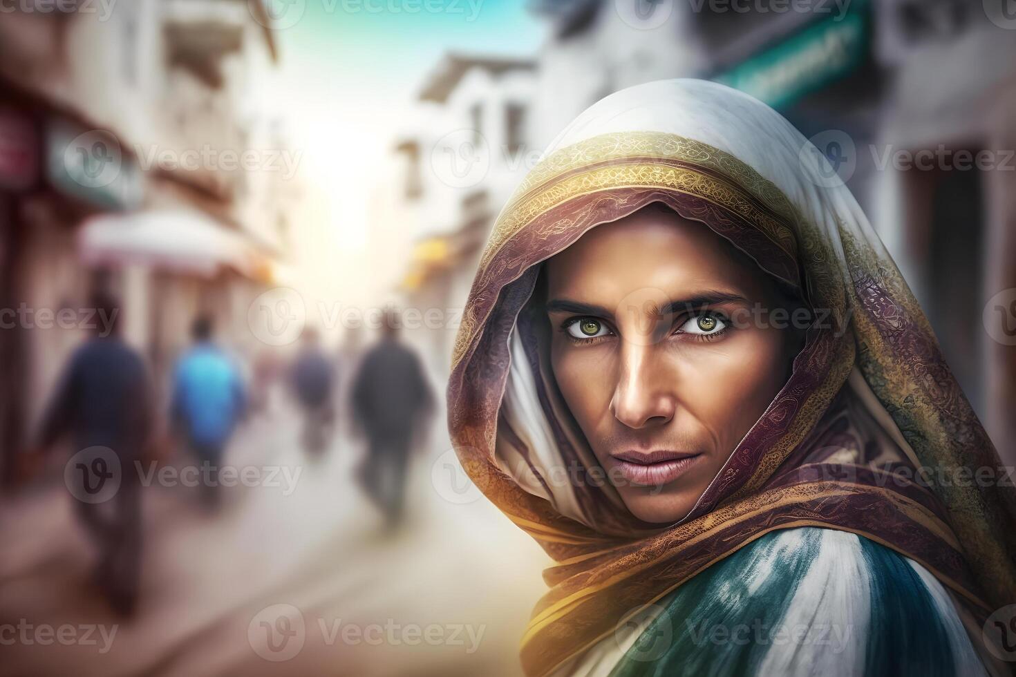 Portrait of young muslim woman wearing hijab head. Neural network photo