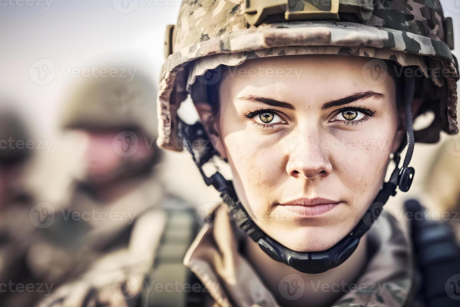 Pretty female soldier portrait. Neural network photo