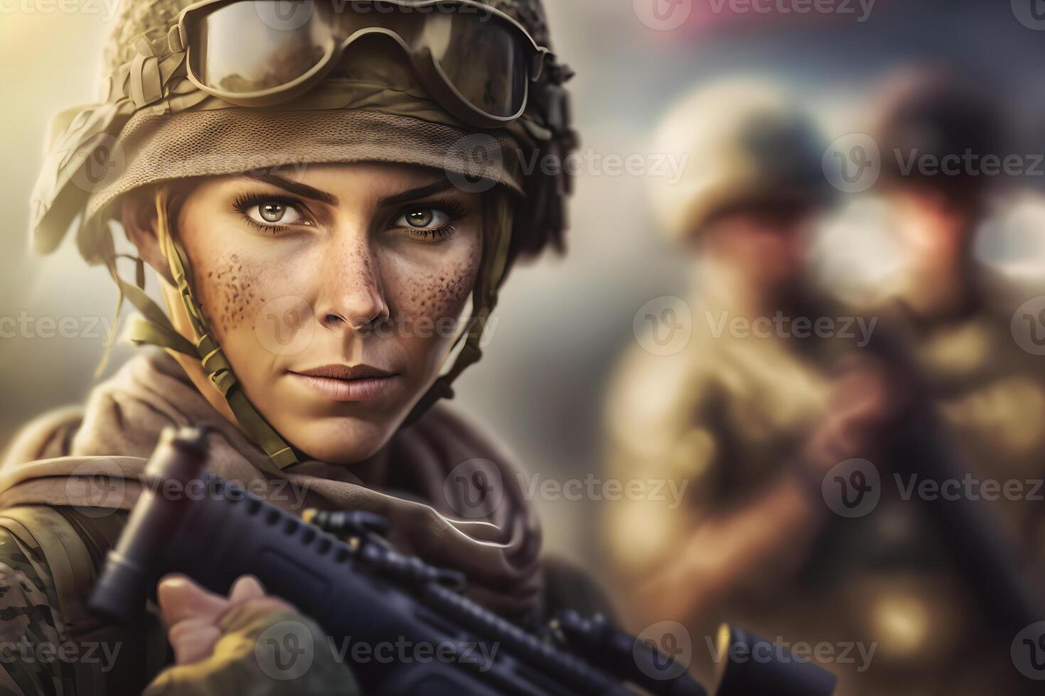 Pretty female soldier portrait. Neural network photo