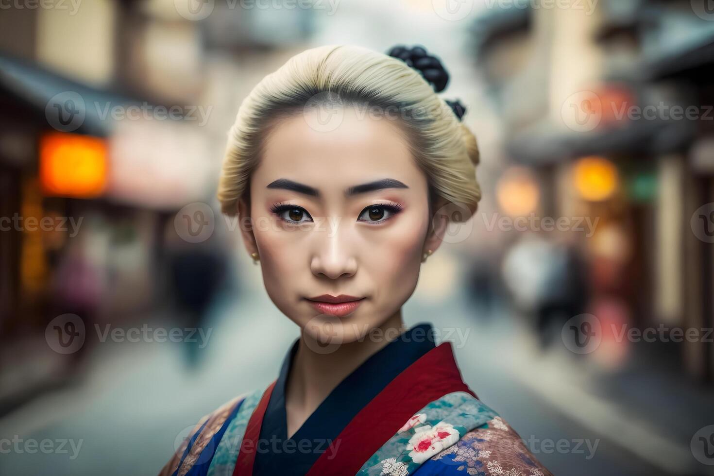 retrato de un japonés mujer en nacional ropa. neural red ai generado foto