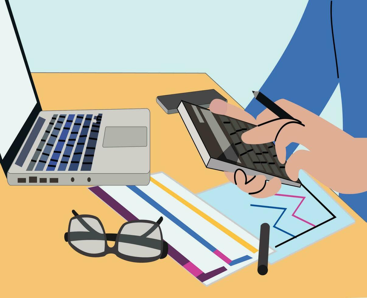 illustration of employees calculating financial data. side view business man calculating finance numbers vector