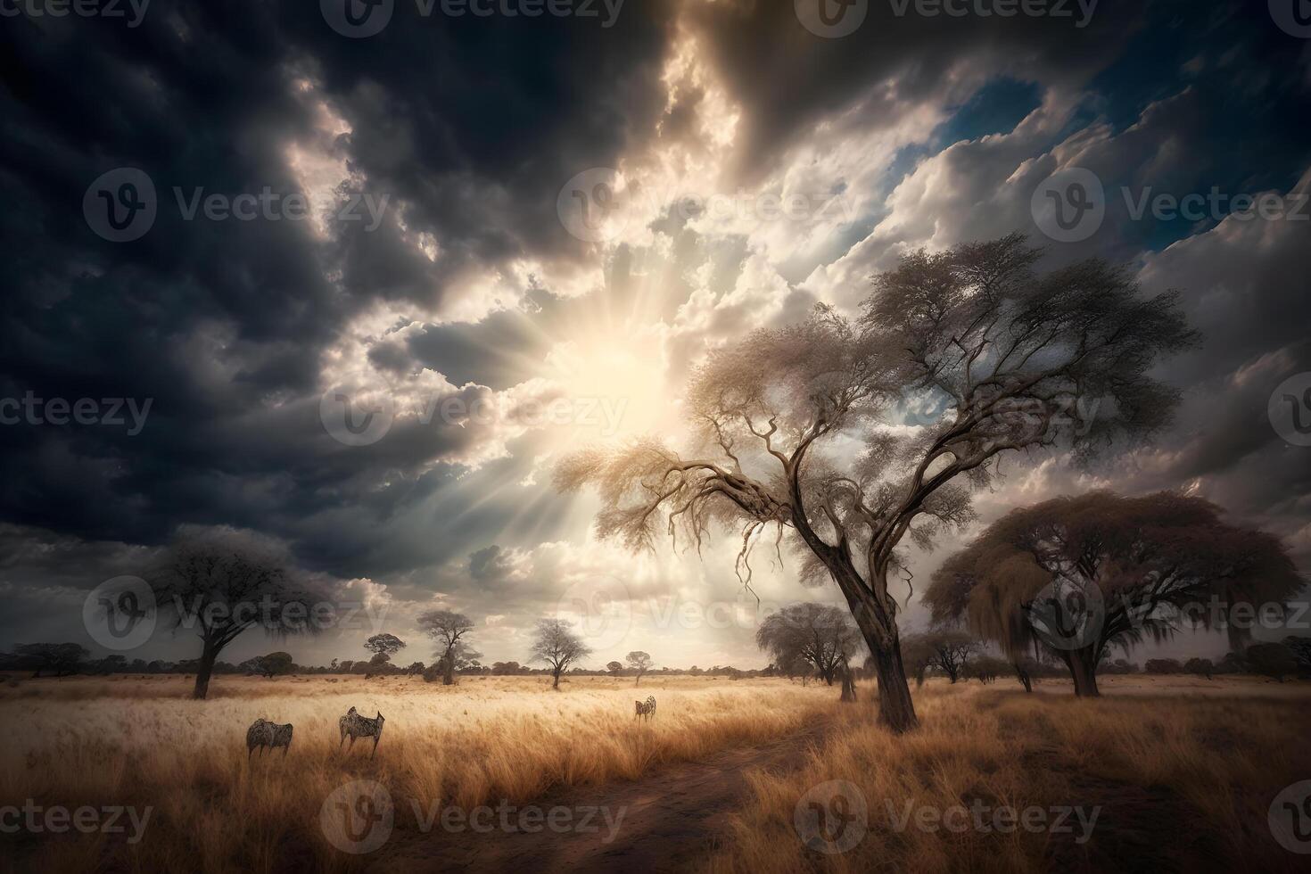 Sunrise over the savannah and grass fields in South Africa with cloudy sky. Neural network photo