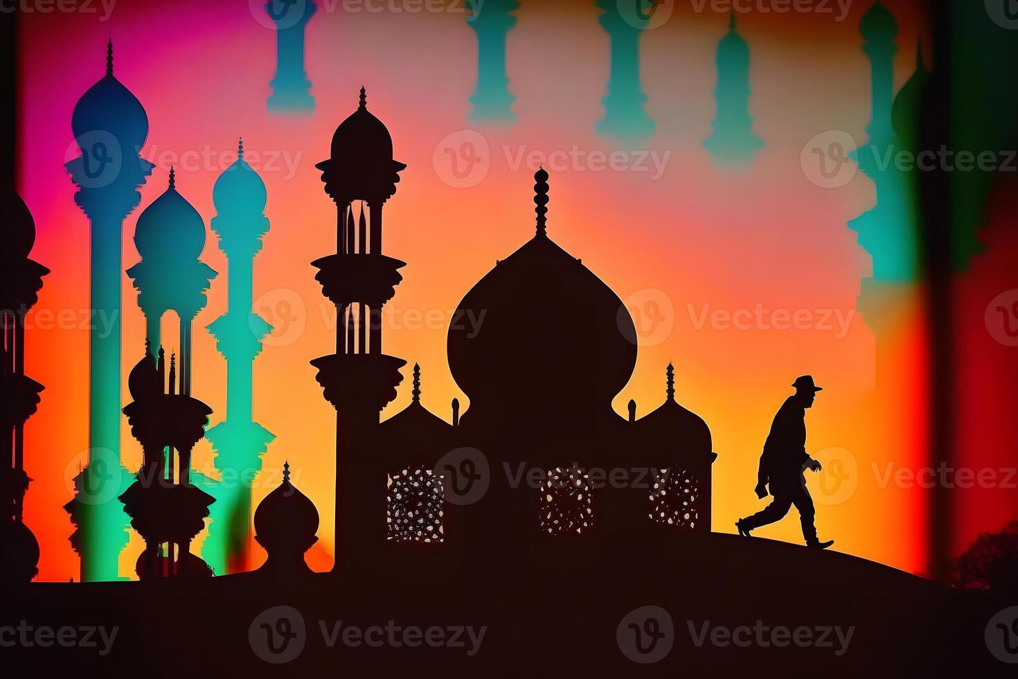 Silhouette Suleymaniye Mosque in Sunset City. Neural network photo