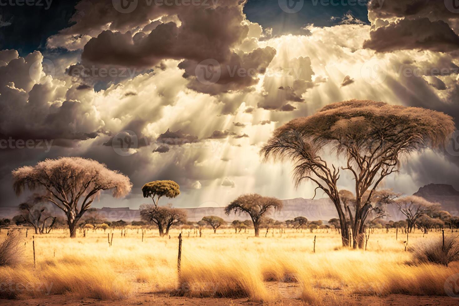 Sunrise over the savannah and grass fields in South Africa with cloudy sky. Neural network photo