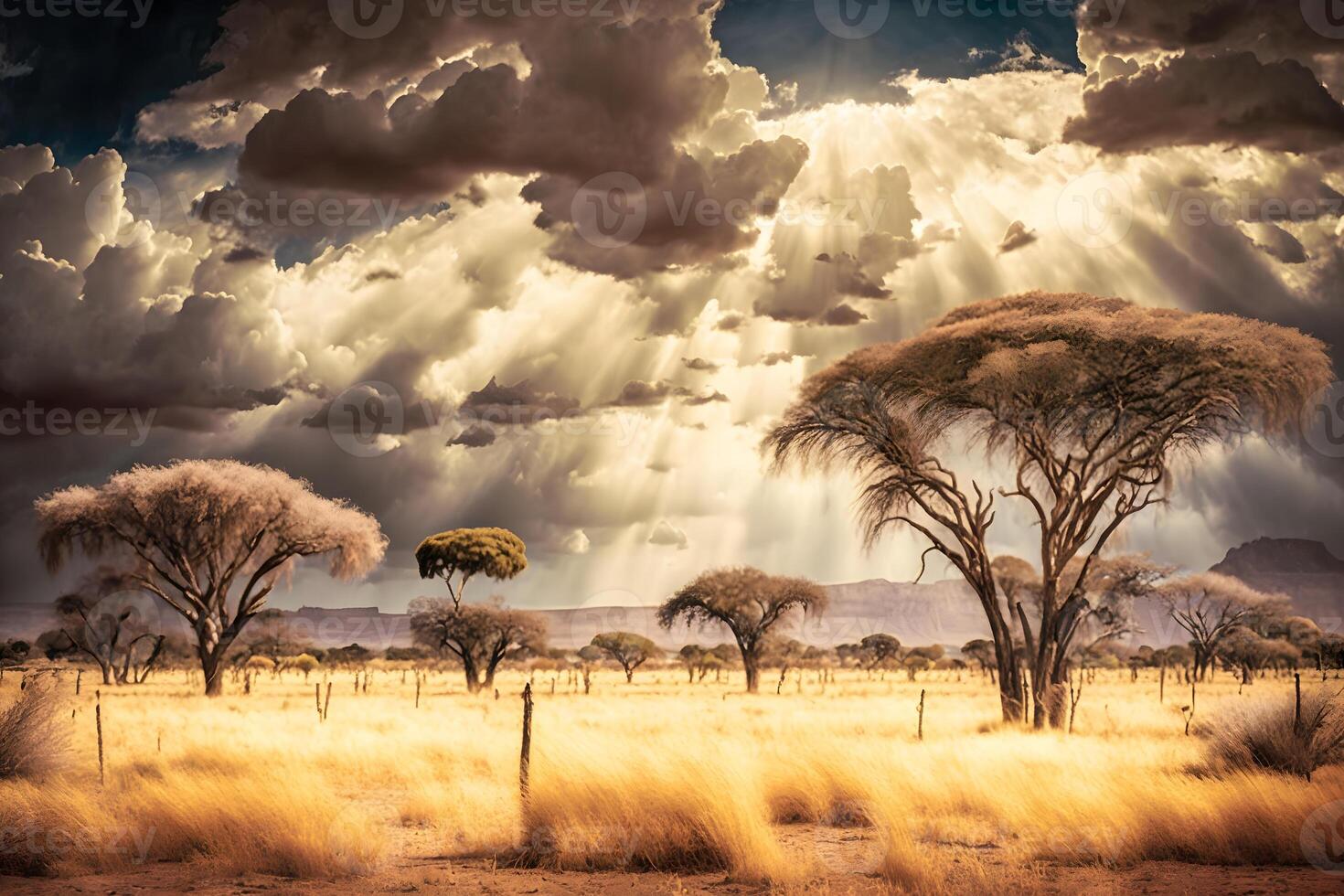 Sunrise over the savannah and grass fields in South Africa with cloudy sky. Neural network photo