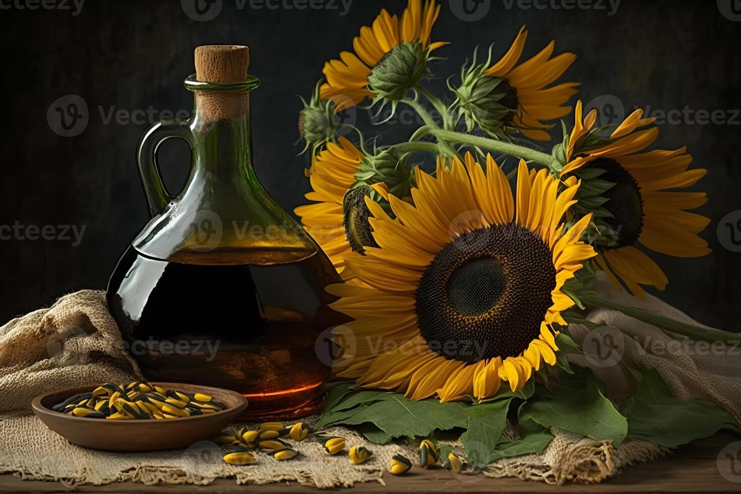 Rural still life sunflower oil in bottle with flowers of sunflower Helianthus annuus in dark light. Neural network photo