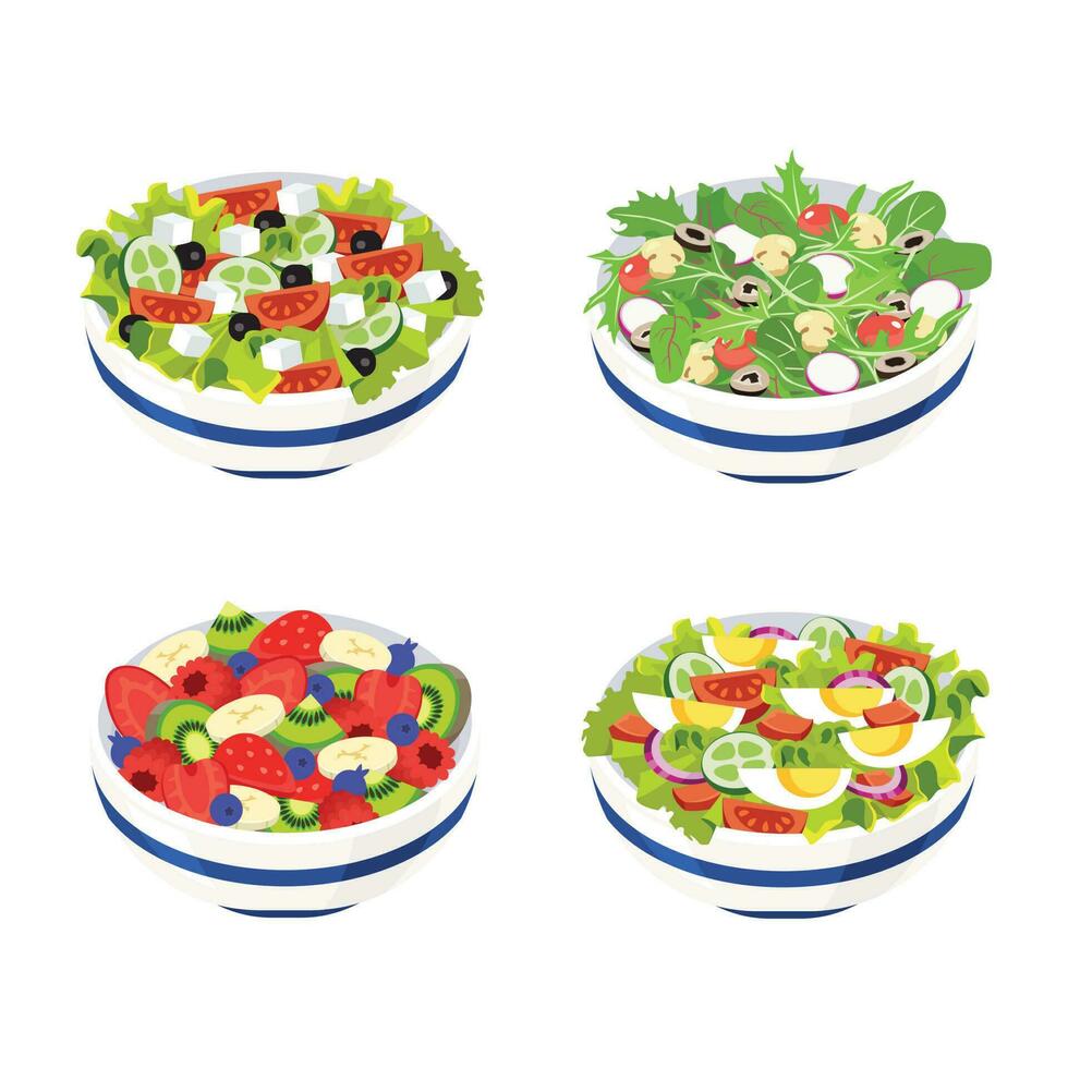 Fruit and Vegetable Salad Served in Bowls Vector Set