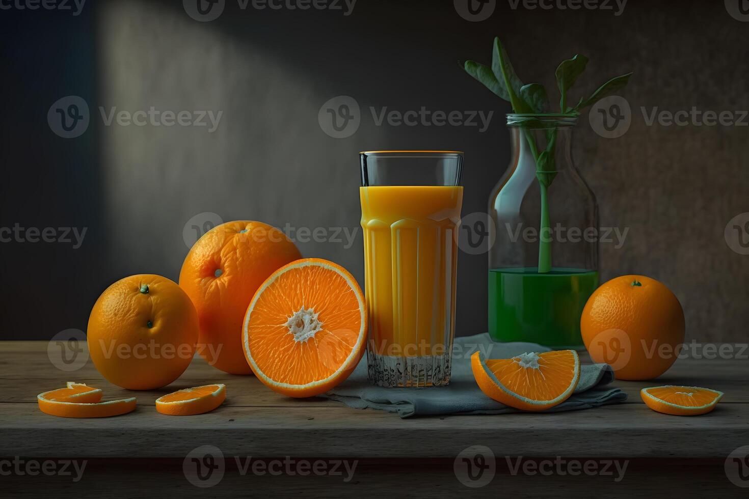 Glass of fresh orange juice with fresh fruits on wooden table. Neural network photo