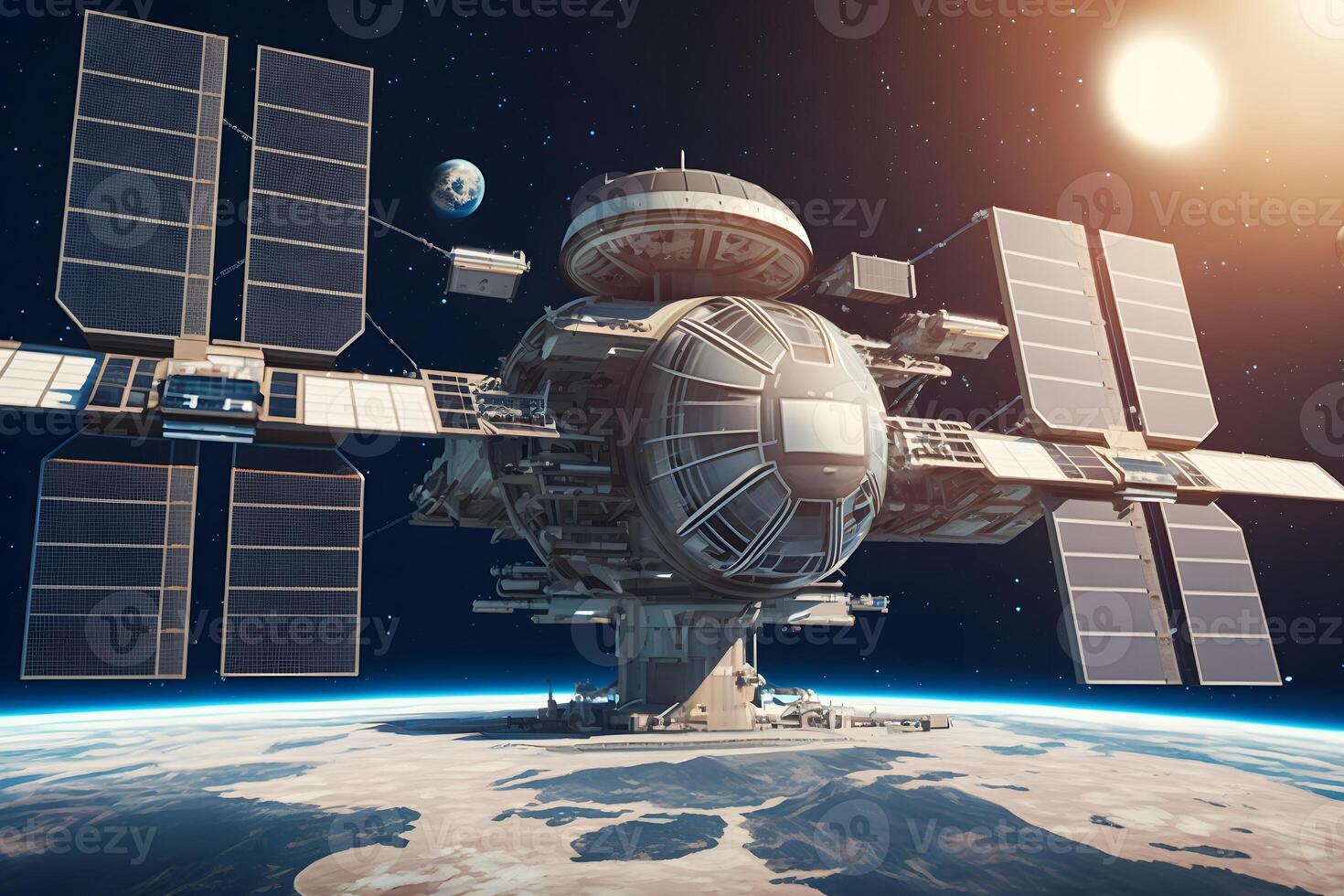 Space station and space ship in the outer space. Earth sunshine on the background. Neural network photo