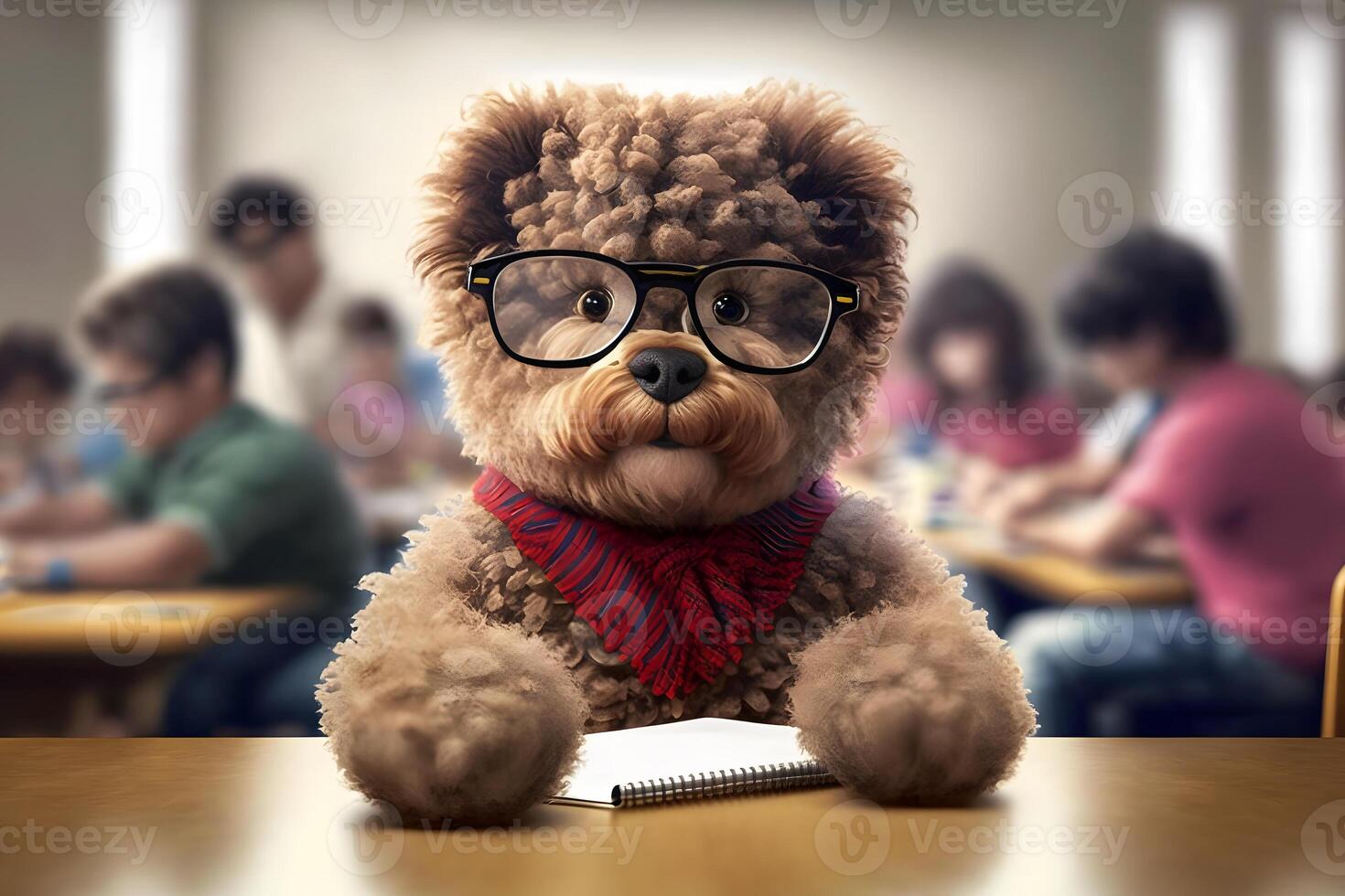 Teddy bear as a student at school. Back to school. Neural network photo