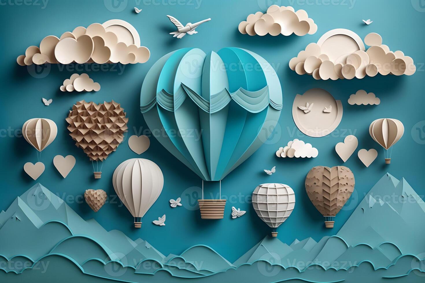 Hot air balloon, space elements shapes cut from paper. Creative concept for banner, landing, background designs. Neural network photo
