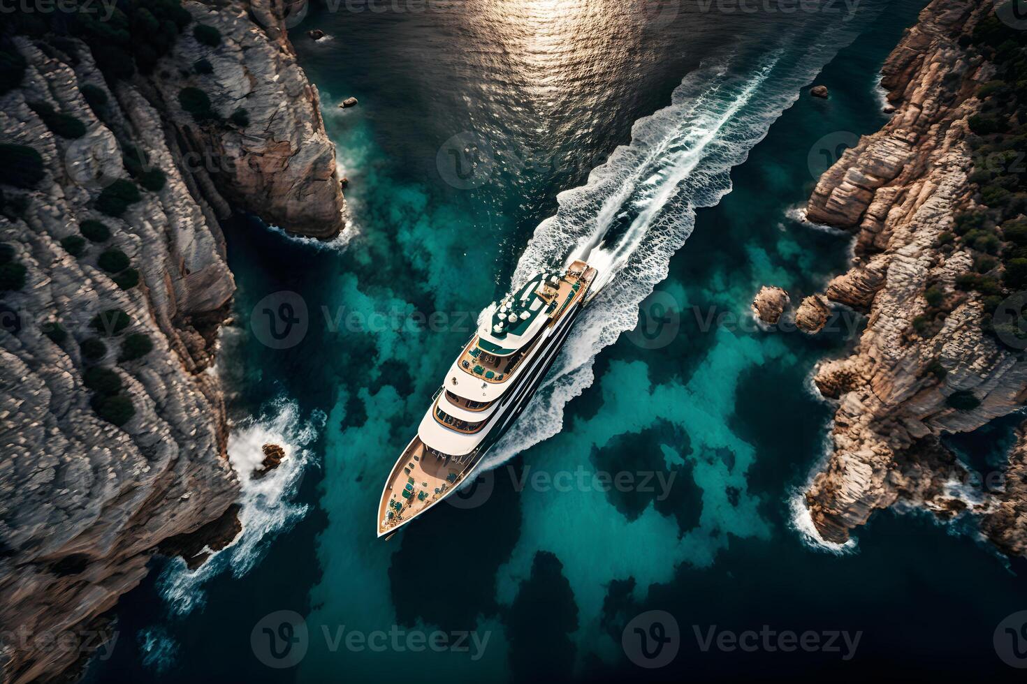 Cruise liner at sea top view. Neural network photo