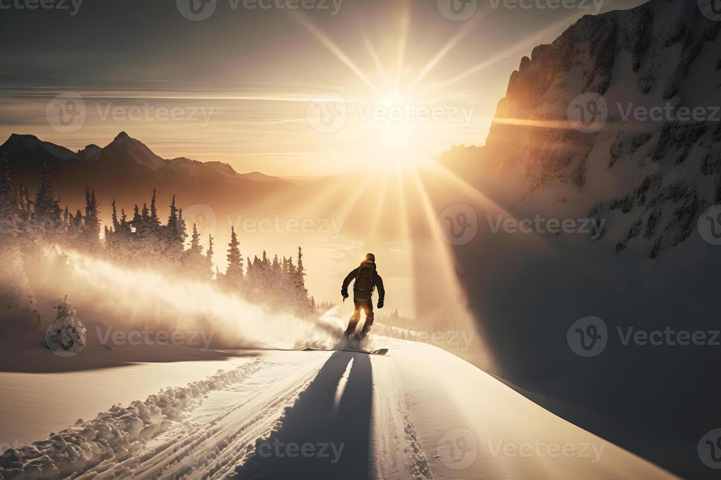 Young man snowboarder running down the slope in Alpine mountains. Winter sport and recreation. Neural network photo